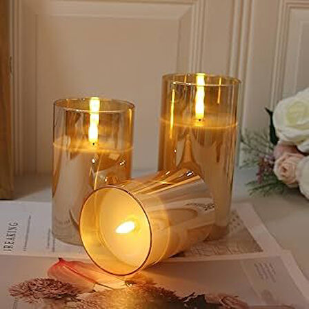 3D Mum Efektli 3'lü Mum Set, Pilli Dekoratif Mum Efektli Şamdan, Masa, Gece Lambası 3'lü Mum Set