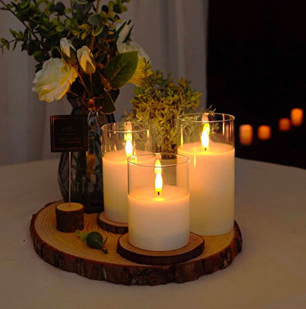 3D Mum Efektli 3'lü Mum Set, Pilli Dekoratif Mum Efektli Şamdan, Masa, Gece Lambası 3'lü Mum Set