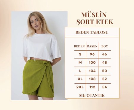 kadın beli lastikli bağlama detaylı yazlık %100 pamuklu müslin şort etek