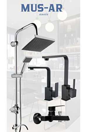 SİYAH KROM ROBOT DUŞ SETİ KARE MUTFAK LAVOBO BANYO BATARYASI 4'LÜ SET