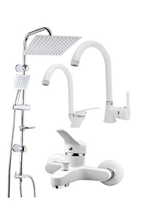 BEYAZ KROM ROBOT DUŞ SETİ LAVABO BANYO MUTFAK BATARYASI MUSLUĞU 4'LÜ SET