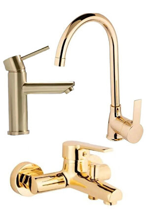 Gold Kartal Lavabo, Mutfak Eviye Ve Banyo Bataryası Musluğu Çeşmesi Set 3'lü