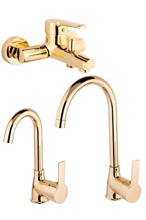 Gold Altın Mutfak Eviye, Lavabo Ve Banyo Bataryası Musluğu Çeşmesi Çift Su Girişli 3'lü Set