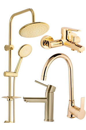 Altın Gold Yuvarlak Robot Duş Seti, Banyo Ve Lavabo Bataryası Musluğu Çeşmesi Set 3'lü