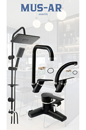 Siyah Robot Tepe Yağmurlama Banyo- Mutfak- Lavabo Bataryası 4'lü Set