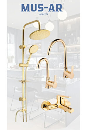 Gold Yuvarlak Robot Duş Seti - Banyo- Eviye Lavabo Bataryası Musluğu 4'lü Set