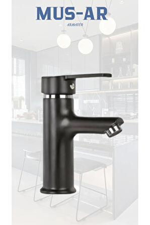 Siyah Krom Sabit Lavabo Musluğu Bataryası