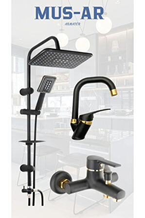 Siyah Robot- Siyah Gold Banyo Bataryası- Siyah Gold Lavabo Bataryası 3 'lü Set