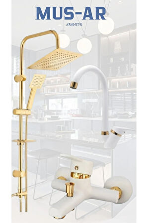 BEYAZ GOLD ROBOT DUŞ SETİ LAVABO BANYO BATARYASI 3'LÜ SET TAKIM