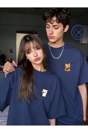 Sevgili Kombin Tişörtü Müzik Yapan Kedi Baskılı Unisex Oversize %100 Pamuk Çift Tişörtü
