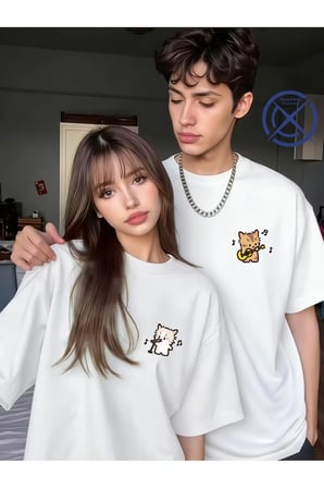 Sevgili Kombin Tişörtü Müzik Yapan Kedi Baskılı Unisex Oversize %100 Pamuk Çift Tişörtü