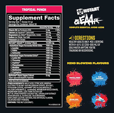 Mutant GEAAR - 9.4g of EAA Amino Powder + Arginine, 7g BCAAs, 4g Leucine, Electrolytes