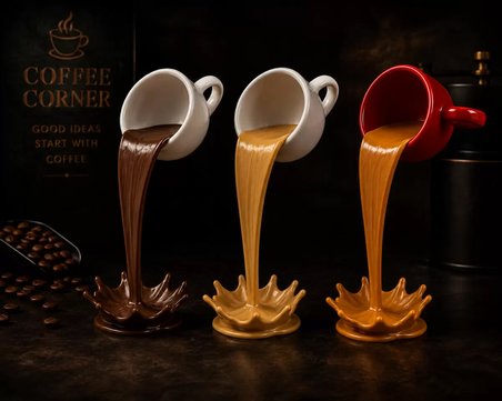 3'lü Dekoratif Dökülen Kahve Fincanı Figürü – 3D Baskı Kahve Köşesi Dekoru