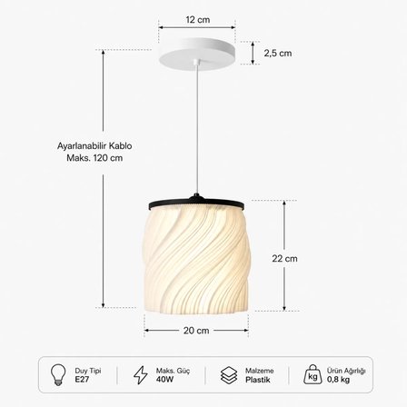 Luna Tekli̇ Sarkıt Salon Avi̇ze Avize – Salon Aydınlatması 20 CM Beyaz/Siyah