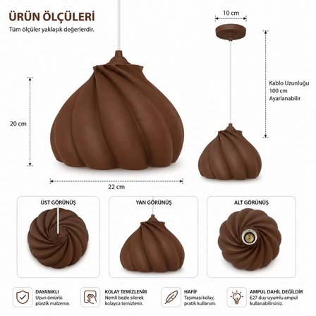 Pumpkin Tekli Avize Yatak Odası Mutfak Sarkıt Avize – Salon ve Oturma Odası Aydınlatması 25X25 CM Kahverengi