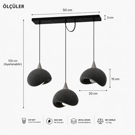 Beton Görünümlü 3D PLA Plastik İskandinav Tarz Sarkıt Avize – Salon ve Cafe İçin 61-70 CM Gri