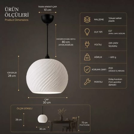 Still Sarkıt Avize Salon Mutfak Yatak Odası Aydınlatması 62 CM Beyaz
