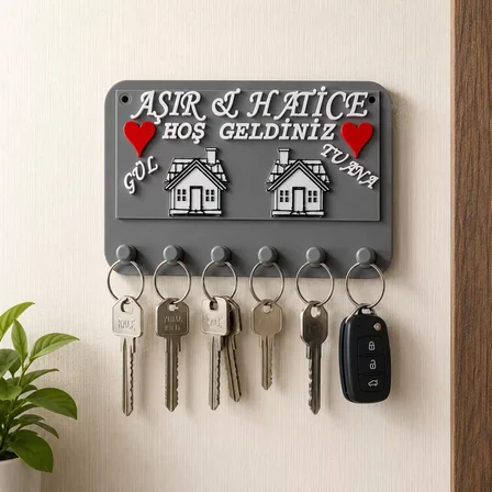 Premium Kişiye Özel Tasarlanabilir House Dekoratif Duvar Anahtarlık Askısı Gri