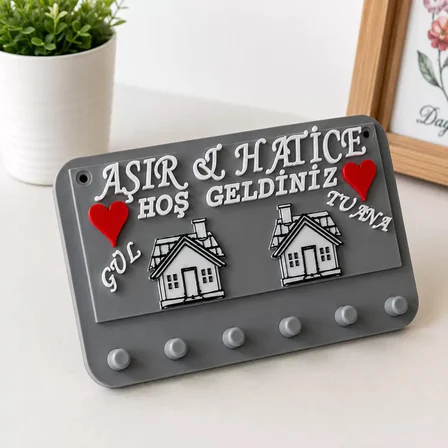 Premium Kişiye Özel Tasarlanabilir House Dekoratif Duvar Anahtarlık Askısı Gri