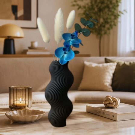 İskandinav Tarz Dalgalı Formlu Dekoratif 3D Vazo Siyah