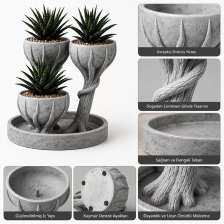 3D Üçlü Hand Of Tree Mermer Desenli Vazo