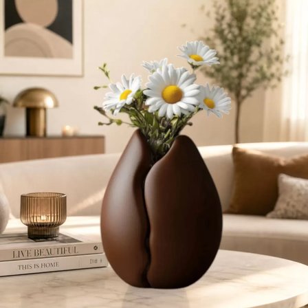 Kahve Çekirdeği Şeklinde Vazo Kahve Köşesi ve Ofis Dekoru 14CM Kahverengi