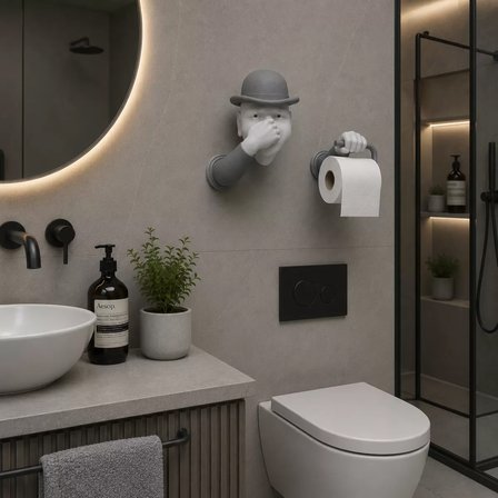 3D İnsan Figürlü Tuvalet Kağıdı Askılığı – Eğlenceli Banyo Dekoru Gri
