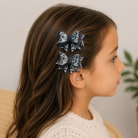 El Yapımı Işıltılı Suni Deri Glitter Toka Seti 2'li Fiyonk Gri
