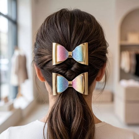 El Yapımı Işıltılı Suni Deri Glitter Toka Seti 2'li Fiyonk Sarı - Pembe