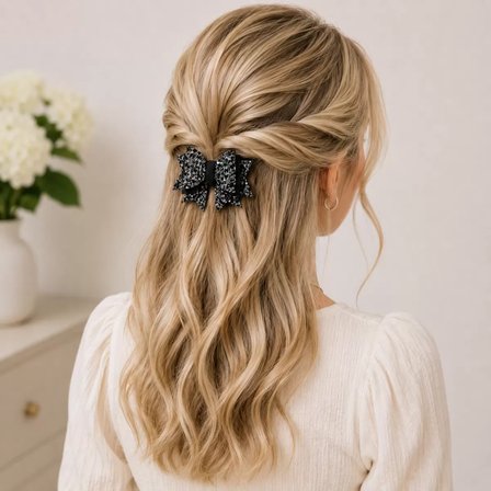 Işıltılı Glitter Tasarımlı Fiyonk Saç Tokası Gri Pullu