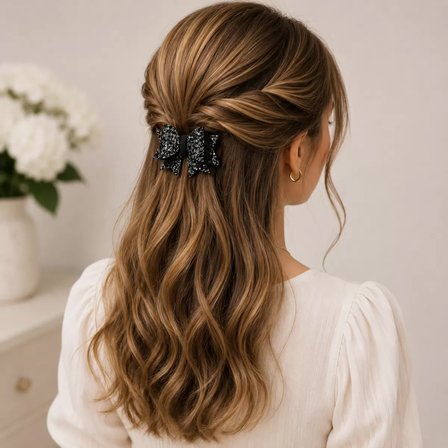 Işıltılı Glitter Tasarımlı Fiyonk Saç Tokası Gri Pullu