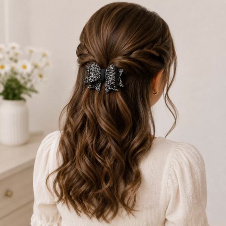 Işıltılı Glitter Tasarımlı Fiyonk Saç Tokası Gri Pullu