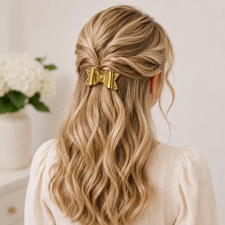 Glitter Detaylı Fiyonk Saç Tokası 2'li Set 6x3 cm Gold Simli