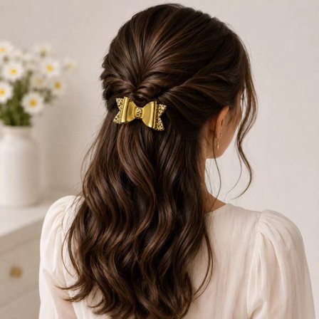 Glitter Detaylı Fiyonk Saç Tokası 2'li Set 6x3 cm Gold Simli