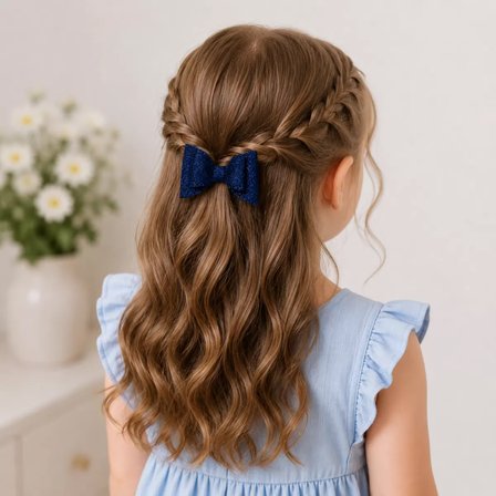 Glitter Detaylı Fiyonk Saç Tokası 2'li Set 6x3 cm Lacivert Simli