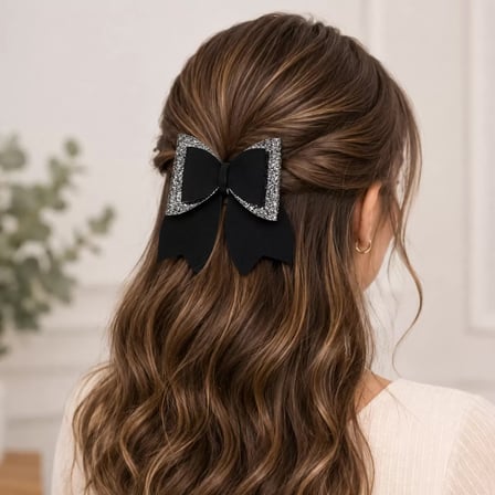 Glitter Detaylı Fiyonk Saç Tokası 9x8 cm Siyah - Gri
