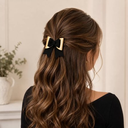 Glitter Detaylı Fiyonk Saç Tokası 9x6 cm Siyah-Gold
