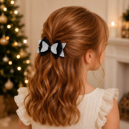 Glitter Detaylı Fiyonk Saç Tokası 11x5 cm Siyah-Gri