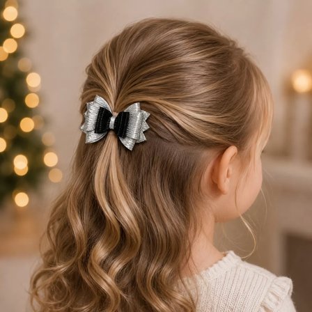 Glitter Detaylı Fiyonk Saç Tokası 9x6 cm Gri - Siyah