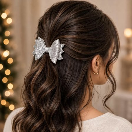 Glitter Detaylı Fiyonk Saç Tokası 9x7 cm Gümüş Gri