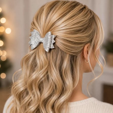 Glitter Detaylı Fiyonk Saç Tokası 9x7 cm Gümüş Gri