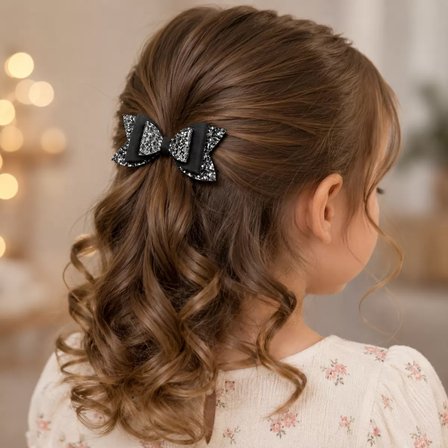 Glitter Detaylı Fiyonk Saç Tokası 9x5 cm Gri
