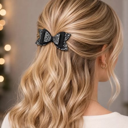Glitter Detaylı Fiyonk Saç Tokası 9x5 cm Gri