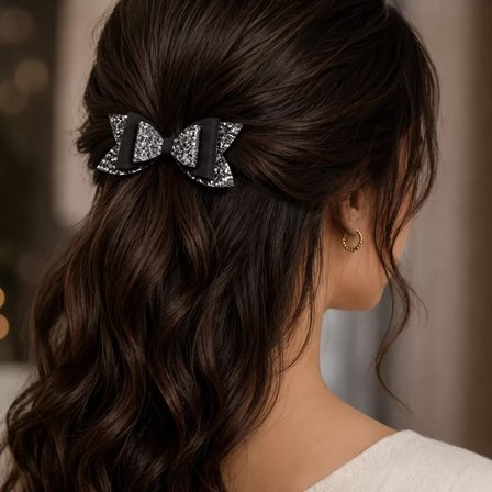 Glitter Detaylı Fiyonk Saç Tokası 9x5 cm Gri