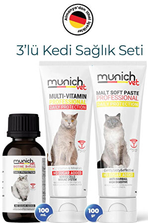 Munich Vet 3'lü Kedi Seti: Tüy Sağlığı Damlası (100 ml), Malt Pasta (100 g), Multi Vitamin Pasta (100 g)