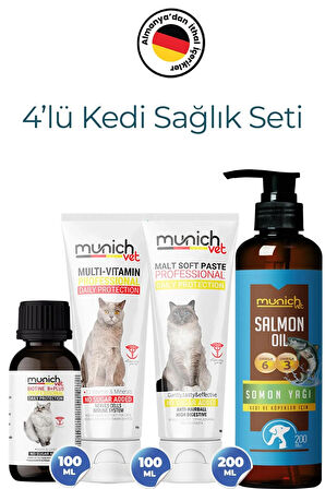 Munich Vet Kediler için 4'lü Set: Biotine Plus, Balık Yağı, Malt Paste & Multi Vitamin