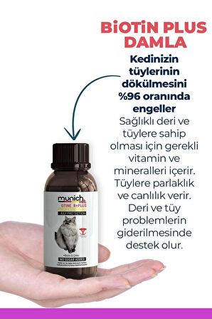 Munich Vet Biotine Plus Kedi Tüy Damlası (100 ml) (KEDİLERİN TÜY DÖKÜLMESİNİ ENGELLER)