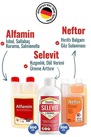 Munich Vet 3lü Süper Set Selevit Üreme - Neftor Hırıltı - Alfamin İshal (500ml)