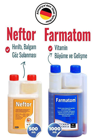 Munich Vet 2'li Set Kuşlar Için Farmatom Vitamin (1 LT) Neftor Hırıltı (500 ml)