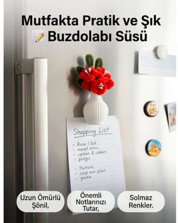Crystal Coza El Yapımı Mıknatıslı Mini Vazoda Şönil Çiçek Buketi - Buzdolabı ve Araç İçi Süsü, Hediye Fikri